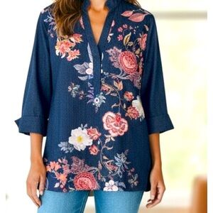 Chico’s Size 2/12 No Iron Stretch Blue Denim Look Floral Print Tunic Blouse Top